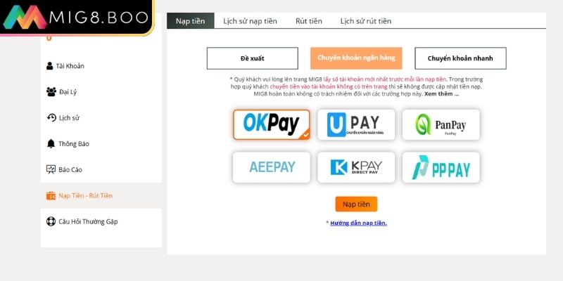 Nạp Tiền MIG8 – Hướng Dẫn Tạo Tài Khoản Chi Tiết Nhất 1 Nạp tiền MIG8 trực tuyến
